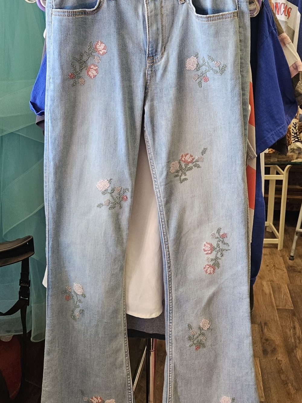 abercrombie kids Light Wash Flare Jeans with Pink Floral Embroidery